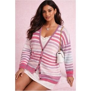 Torrid Cardigan Womens 1x Striped Pastel Cozy Soft Spring Easter Sweater Long
